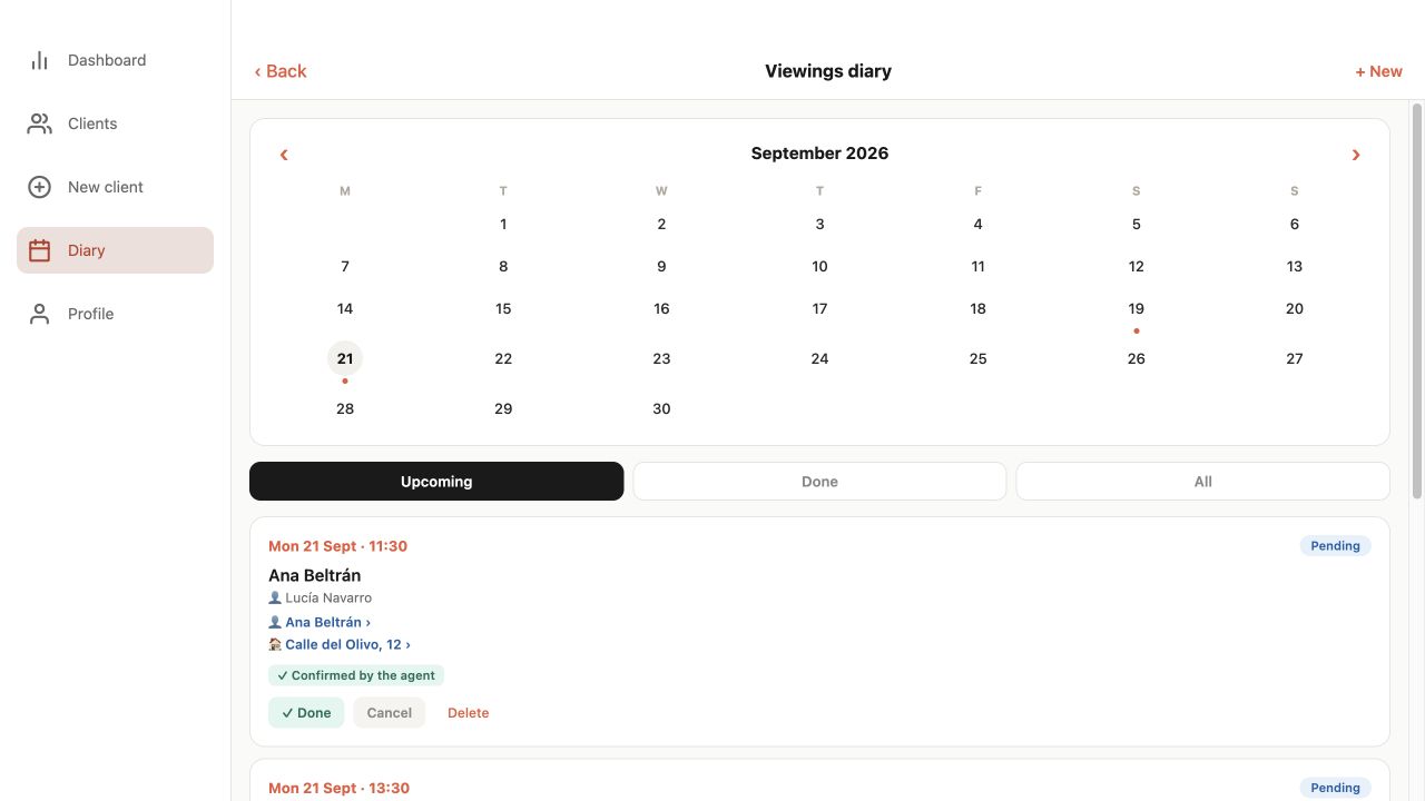 Fincta viewings diary with linked clients and fictional properties.