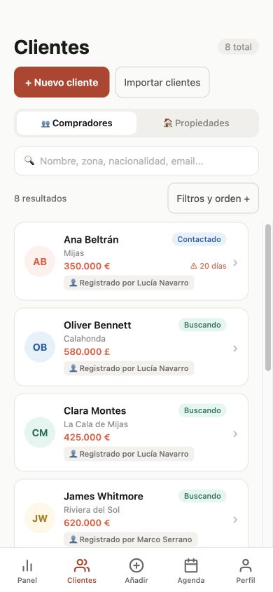 Clientes de Fincta en móvil: Ana Beltrán, Oliver Bennett y Clara Montes, registrados por Lucía Navarro. Datos ficticios.
