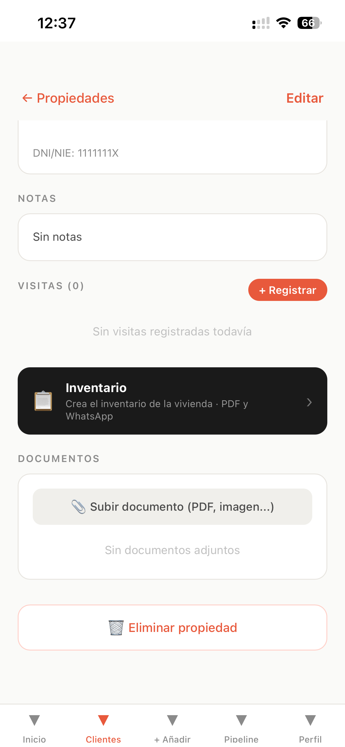 Property card in Fincta showing the Inventario button