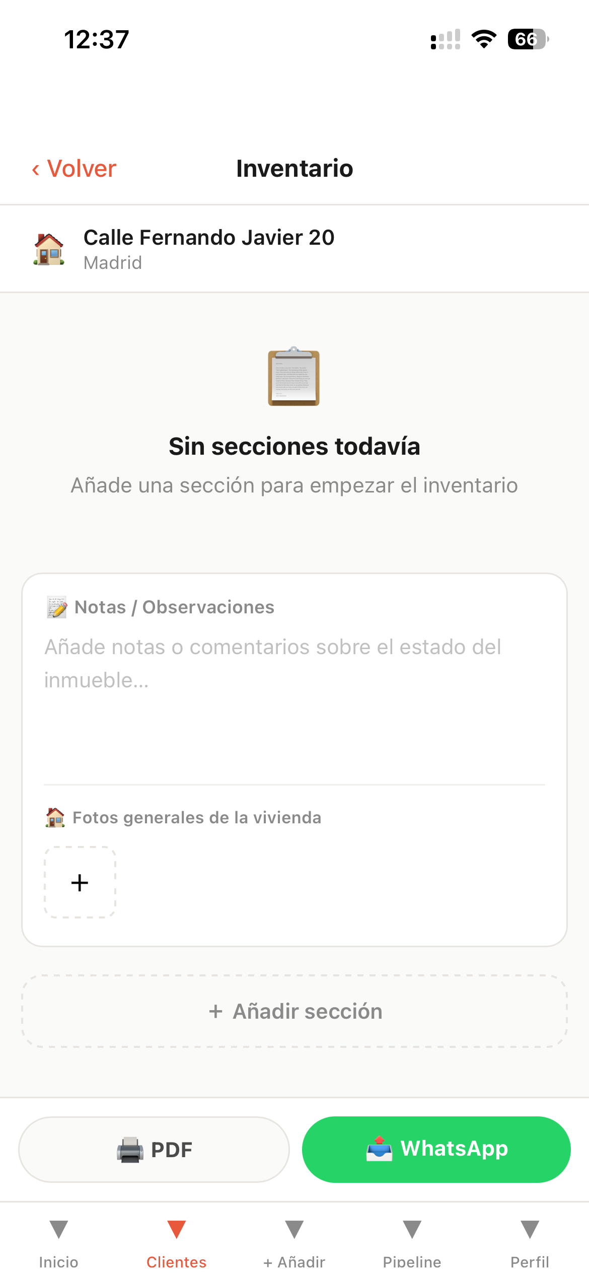 Empty inventory screen showing 'Sin secciones todavía' message — ready to be filled