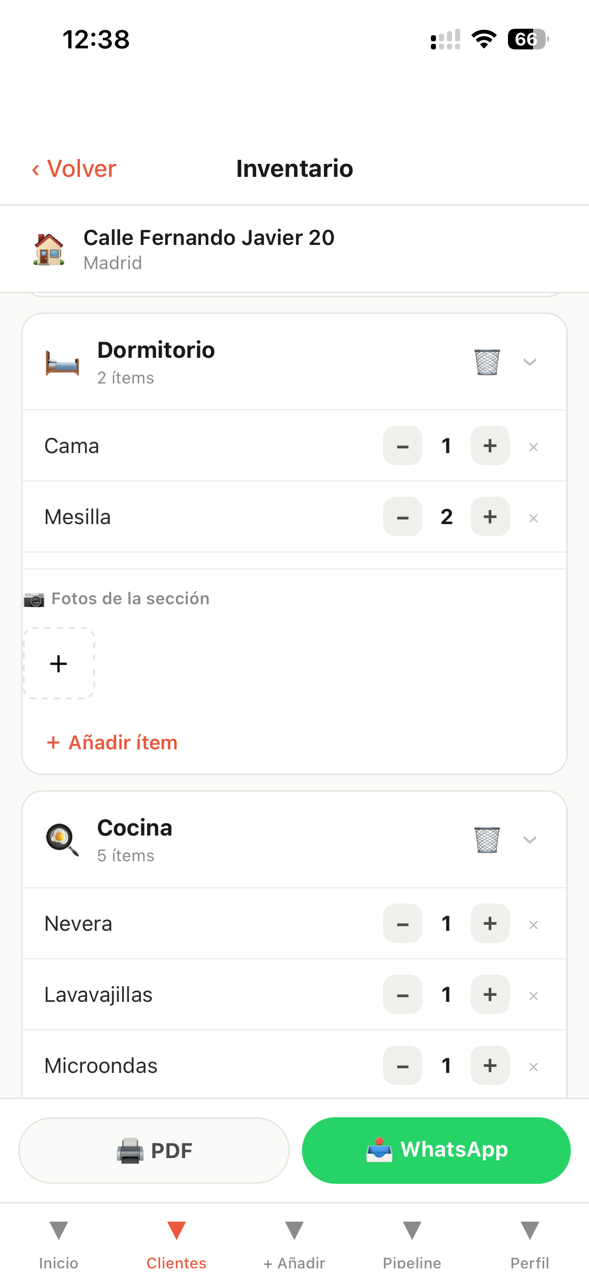 Inventory with Bedroom and Kitchen sections filled in — Cama, Mesilla, Nevera, Lavavajillas, Microondas